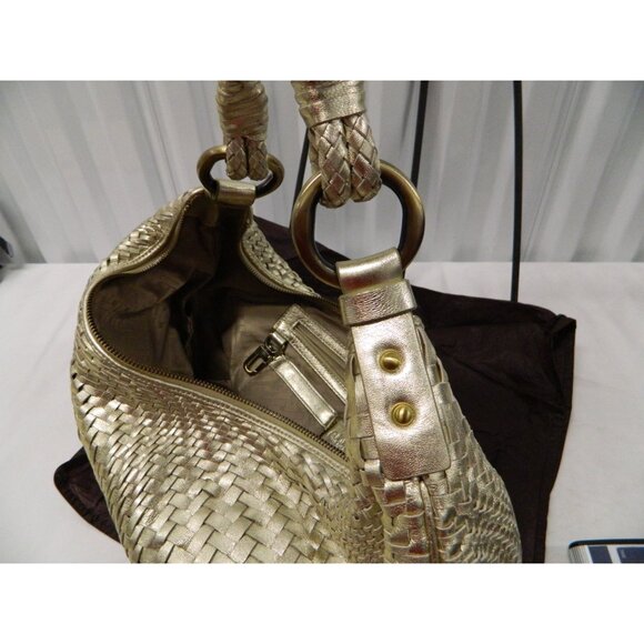 Cole Haan Genevieve Top Zip Hobo Metallic Gold Woven Leather Shoulder Bag - Picture 15 of 16